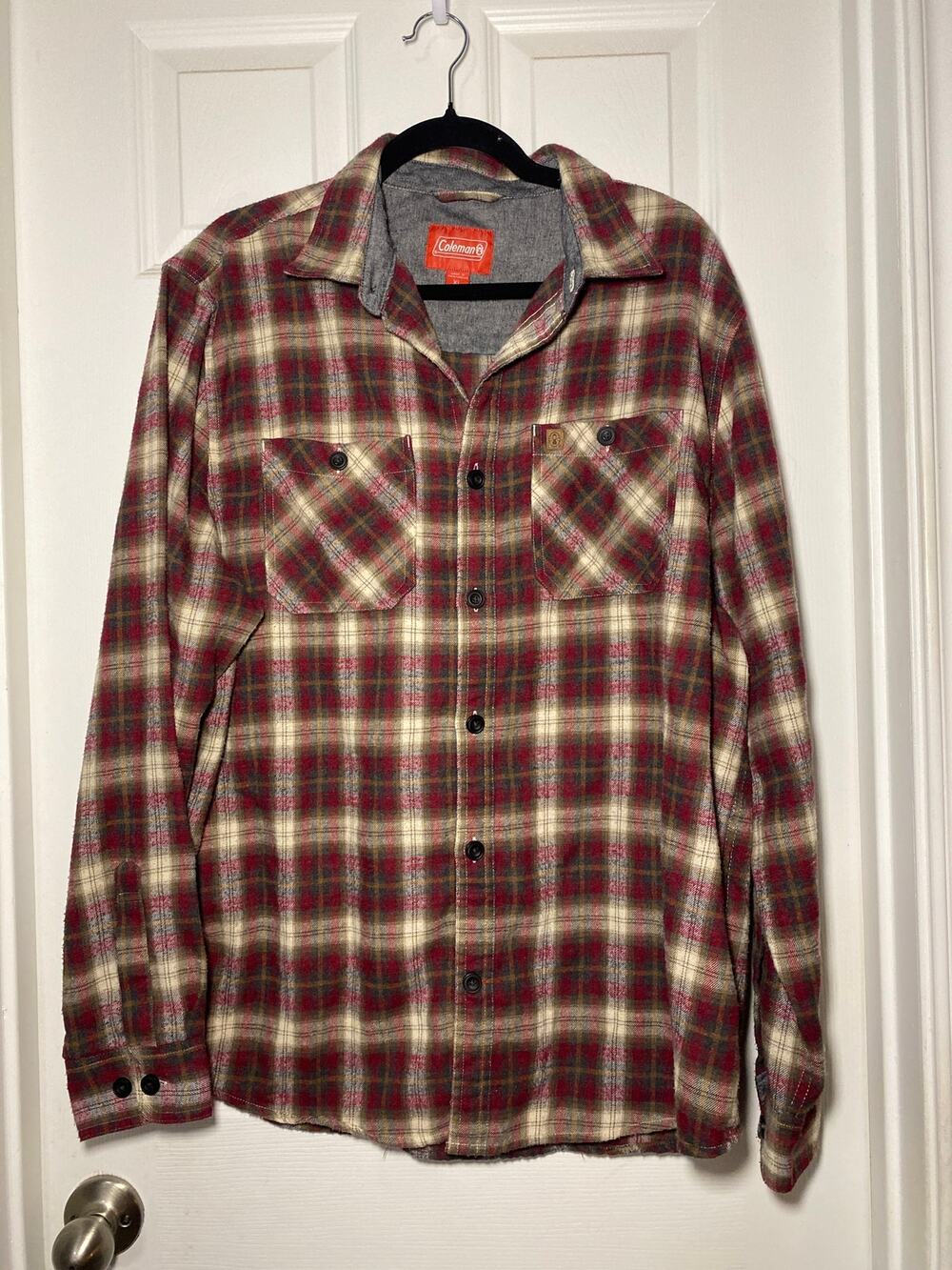 Coleman Mens XL Plaid Flannel Shirt Long Sleeve Red Grey Workwear Outdoor